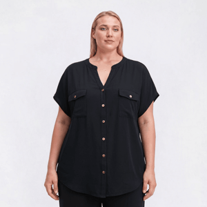 Plus Size Cure Short Sleeve Solid Button Front Blouse
